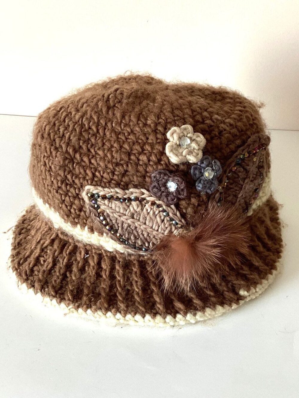 Vintage Style Woman's Floral Crochet Brown Bucket Hat Leaf Flower Applique